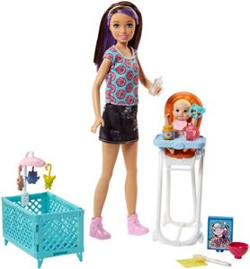 barbie babysitting playset with skipper friend doll, color-change baby doll, high chair, crib and themed accessories for 3 to 7 year olds