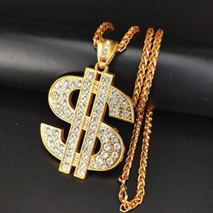 HENGYID Hip Hop Jewelry Gold Necklace Chain with Dollar Sign, 18K Gold Plated Hip Hop Chain Necklace Pendant for Men, 32 inch