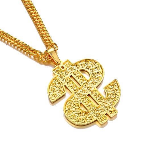 HENGYID Hip Hop Jewelry Gold Necklace Chain with Dollar Sign, 18K Gold Plated Hip Hop Chain Necklace Pendant for Men, 32 inch