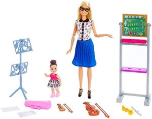 barbie music teacher doll, blonde, and playset with flipping chalkboard, brunette student small doll and 4 musical instruments, career-themed toy for 3 to 7 year old kids​​​