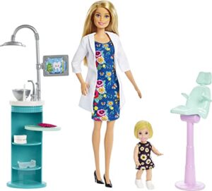barbie careers doll & playset, dentist theme with blonde fashion doll, 1 patient doll, furniture & accessories