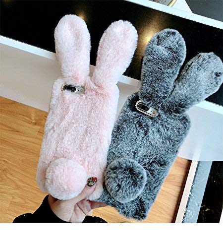 iPhone XR Rabbit Fur Case,Shinetop Bling Diamond Luxury Cute Soft Warm Fluffy Rex Rabbit Fur Case Winter Handmade Bunny Hair Plush with Crystal Bowknot Protective Cover for iPhone XR (2018) 6.1"-Pink