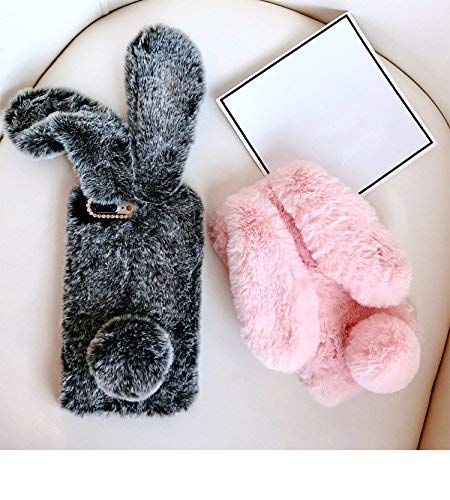 iPhone XR Rabbit Fur Case,Shinetop Bling Diamond Luxury Cute Soft Warm Fluffy Rex Rabbit Fur Case Winter Handmade Bunny Hair Plush with Crystal Bowknot Protective Cover for iPhone XR (2018) 6.1"-Pink