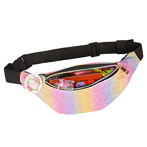 QtGirl Fanny Pack for Kids, Glitter Waist Bag Shiny Bags with Adjustable Belt for Children Sport Running, Camping, Trip