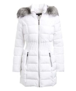 laundry by shelli segal women's 3/4 length windproof down coat with cinched waist, real white, medium
