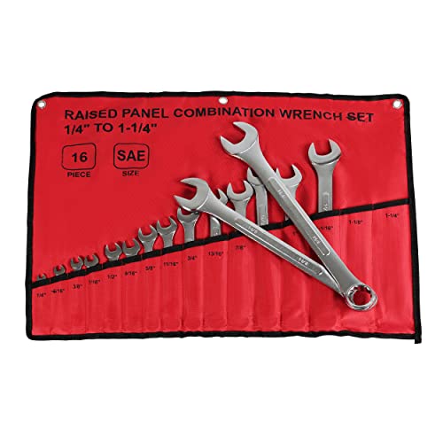 ABN Raised Panel Combination Wrench Set SAE Standard Wrench Set 1/4in to 1-1/4in 16-Piece Combination Wrenches Set