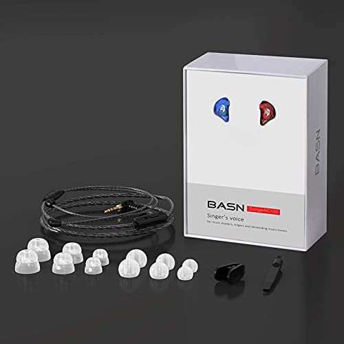 BASN in-Ear Monitor Headphones Dual Dynamic Drivers in Ear Earphones Detachable MMCX Cable Musicians in Ear Earbuds (MC100 Red/Blue, with Mic)