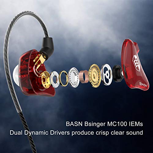 BASN in-Ear Monitor Headphones Dual Dynamic Drivers in Ear Earphones Detachable MMCX Cable Musicians in Ear Earbuds (MC100 Red/Blue, with Mic)