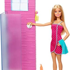 Barbie Doll and Furniture Set, Bathroom with Working Shower and Three Bath Accessories, Gift Set for 3 to 7 Year Olds​​