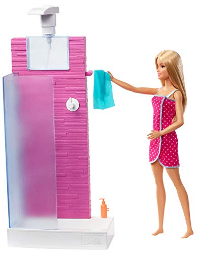 Barbie Doll and Furniture Set, Bathroom with Working Shower and Three Bath Accessories, Gift Set for 3 to 7 Year Olds​​