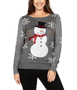 tipsy elves women's gray sequin snowman christmas neck sweater long sleeve sequin snowman (grey) xx-large