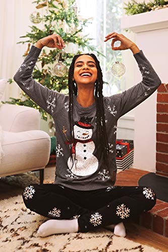 Tipsy Elves Women's Gray Sequin Snowman Christmas Neck Sweater Long Sleeve Sequin Snowman (Grey) XX-Large