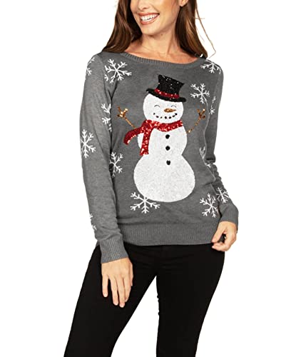 Tipsy Elves Women's Gray Sequin Snowman Christmas Neck Sweater Long Sleeve Sequin Snowman (Grey) XX-Large