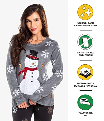 Tipsy Elves Women's Gray Sequin Snowman Christmas Neck Sweater Long Sleeve Sequin Snowman (Grey) XX-Large