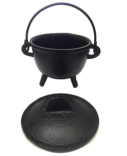 New Age Imports, Inc. Cast Iron Cauldron w/Handle & lid, Ideal for smudging, Incense Burning, Ritual Purpose, Decoration, Halloween Decoration, Candle Holder, etc. (Pot Style 4" Dia (BR90))