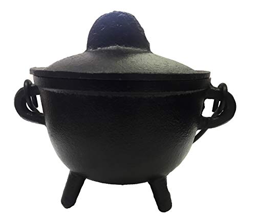 New Age Imports, Inc. Cast Iron Cauldron w/Handle & lid, Ideal for smudging, Incense Burning, Ritual Purpose, Decoration, Halloween Decoration, Candle Holder, etc. (Pot Style 4" Dia (BR90))