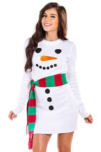 women's snowman ugly sweater dress - white snowman christmas dress with scarf: medium