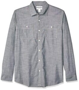 amazon essentials men's regular-fit long-sleeve chambray shirt, grey, x-large
