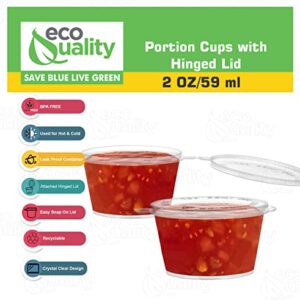 EcoQuality [100 PACK 2 Oz Leak Proof Plastic Condiment Souffle Containers with Attached Lids - Portion Cup with Hinged Lid Perfect For Sauces, Samples, Slime, Jello Shot, Food Storage & More!