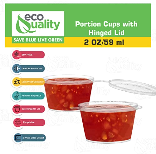 EcoQuality [100 PACK 2 Oz Leak Proof Plastic Condiment Souffle Containers with Attached Lids - Portion Cup with Hinged Lid Perfect For Sauces, Samples, Slime, Jello Shot, Food Storage & More!