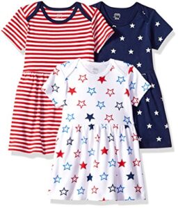 amazon essentials baby girls' short-sleeve dress, pack of 3, navy stars/red stripe/white stars, 0-3 months