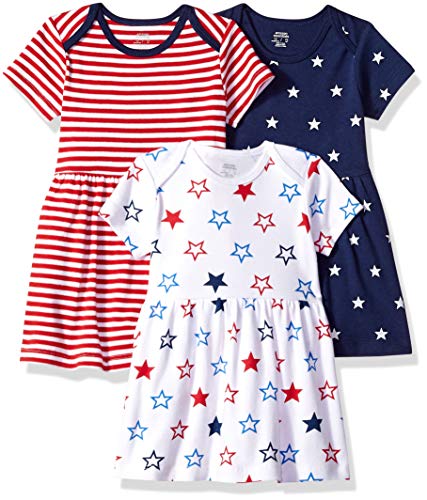 Amazon Essentials Baby Girls' Short-Sleeve Dress, Pack of 3, Navy Stars/Red Stripe/White Stars, 0-3 Months