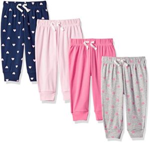 amazon essentials baby girls' cotton pull-on pants, pack of 4, grey hearts/light pink/navy/pink, 6-9 months