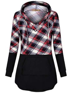 miusey knit hoodie women,long sleeve v neck plaid patchwork hoodie polyester form fitting thin sweatshirt decorative wooden buttons pocket fashion sweaters for women black m