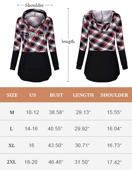 Miusey Knit Hoodie Women,Long Sleeve V Neck Plaid Patchwork Hoodie Polyester Form Fitting Thin Sweatshirt Decorative Wooden Buttons Pocket Fashion Sweaters for Women Black M