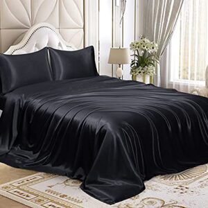 homiest 4pcs satin sheets set luxury silky satin bedding set with deep pocket, 1 fitted sheet + 1 flat sheet + 2 pillowcases (queen size, black)