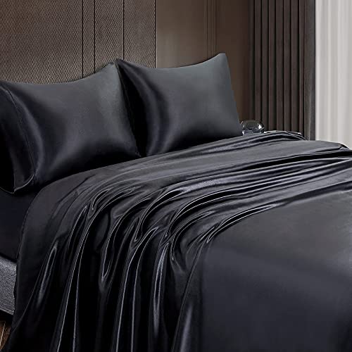 Homiest 4pcs Satin Sheets Set Luxury Silky Satin Bedding Set with Deep Pocket, 1 Fitted Sheet + 1 Flat Sheet + 2 Pillowcases (Queen Size, Black)