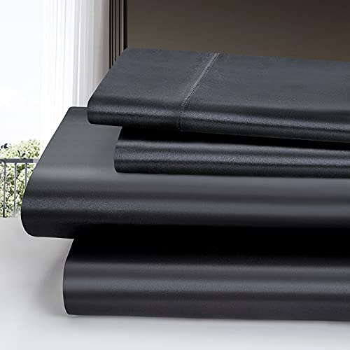 Homiest 4pcs Satin Sheets Set Luxury Silky Satin Bedding Set with Deep Pocket, 1 Fitted Sheet + 1 Flat Sheet + 2 Pillowcases (Queen Size, Black)