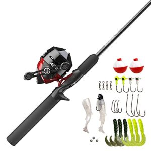 zebco 404 spincast reel and fishing rod combo, 5'6" 2-piece durable fiberglass rod with eva handle, quickset anti-reverse reel with built-in bite alert, 28-piece tackle pack,black/red