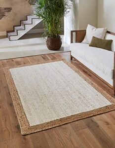 unique loom braided jute collection classic quality made natural hand woven with solid color detail, area rug, rectangular 4' 0" x 6' 0", white/beige