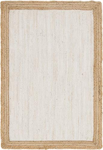 Unique Loom Braided Jute Collection Classic Quality Made Natural Hand Woven with Solid Color Detail, Area Rug, Rectangular 4' 0" x 6' 0", White/Beige