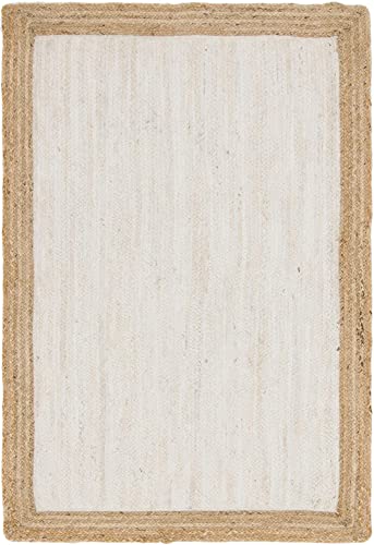 Unique Loom Braided Jute Collection Classic Quality Made Natural Hand Woven with Solid Color Detail, Area Rug, Rectangular 4' 0" x 6' 0", White/Beige