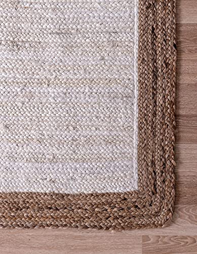 Unique Loom Braided Jute Collection Classic Quality Made Natural Hand Woven with Solid Color Detail, Area Rug, Rectangular 4' 0" x 6' 0", White/Beige