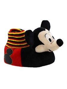 disney mickey mouse toddler boys plush 3d mickey head sock top slippers (7-8 m us toddler, black/red)