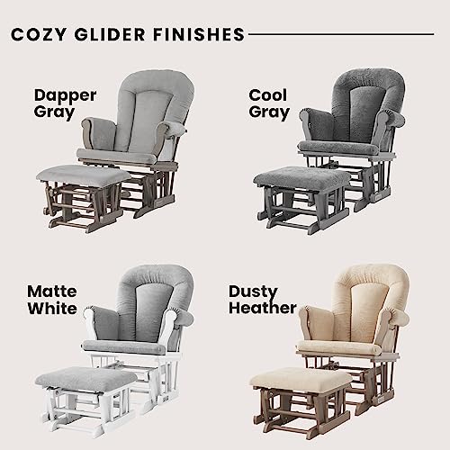 Child Craft Cozy Glider Rocker and Ottoman Set, Padded Cushion with Convenient Storage Pockets, Solid Wood Base & Frame (Dusty Heather with Beige Cushion)