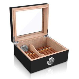 cigar humidor, spanish cedar wood cigar desktop box, glass top for 25-50 cigars luxury hygrometer and humidifier, desktop humidors gloss black