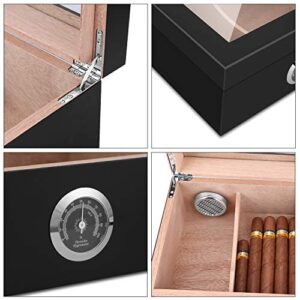 Cigar Humidor, Spanish Cedar Wood Cigar Desktop Box, Glass Top for 25-50 Cigars Luxury Hygrometer and Humidifier, Desktop Humidors Gloss Black