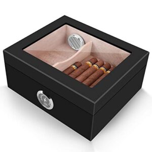 Cigar Humidor, Spanish Cedar Wood Cigar Desktop Box, Glass Top for 25-50 Cigars Luxury Hygrometer and Humidifier, Desktop Humidors Gloss Black