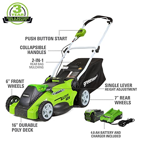 Greenworks 40V 16" Cordless Electric Lawn Mower + 40V (300W) Power Inverter, 4.0Ah Battery and Charger Included