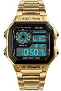 pasoy men's digital multi-function watches dual time alarm stopwatch countdown backlight waterproof watch (gold)