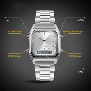 Gosasa Men's Unisex Square Multifunction Stopwatch Waterproof LED Digital Watch Electronic Analog Men's Watch Ladies Stainless Steel Watch (Silver)…