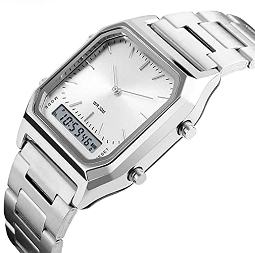 Gosasa Men's Unisex Square Multifunction Stopwatch Waterproof LED Digital Watch Electronic Analog Men's Watch Ladies Stainless Steel Watch (Silver)…