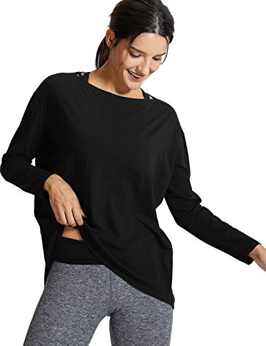 CRZ YOGA Long Sleeve Workout Shirts for Women Loose Fit-Pima Cotton Yoga Shirts Casual Fall Tops Shirts Black Small