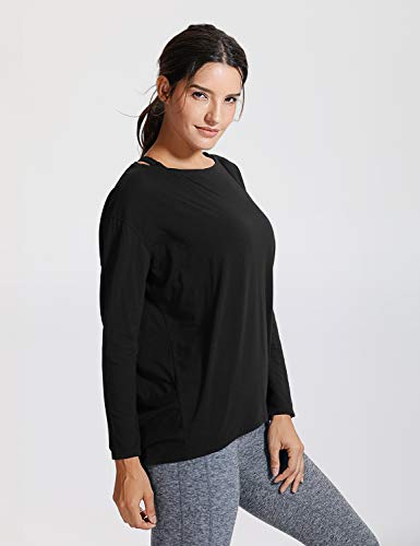 CRZ YOGA Long Sleeve Workout Shirts for Women Loose Fit-Pima Cotton Yoga Shirts Casual Fall Tops Shirts Black Small