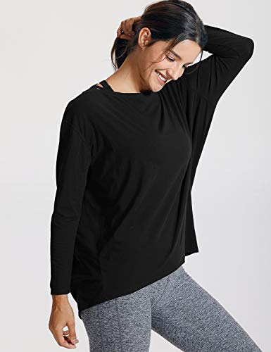 CRZ YOGA Long Sleeve Workout Shirts for Women Loose Fit-Pima Cotton Yoga Shirts Casual Fall Tops Shirts Black Small