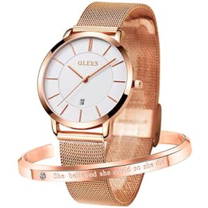 olevs watches for women bracelet gifts set ultra thin minimalist fashion rose gold ladies slim casual dress quartz white face dial analog date wrist watch waterproof with classic mesh band golden